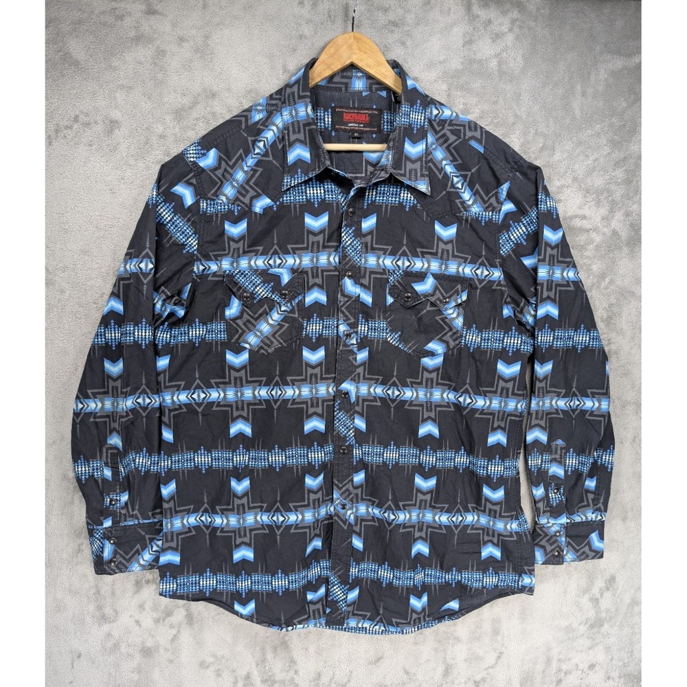 Rock & Roll Cowboy Men's XL Modern Fit Aztec Pearl Snap Shirt Black Blue Western